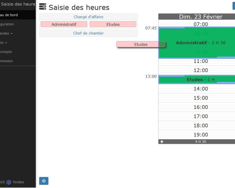 Interface gestion des heures glisser-déposer