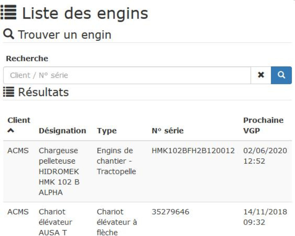 Liste d'engins déconnectée - VGP